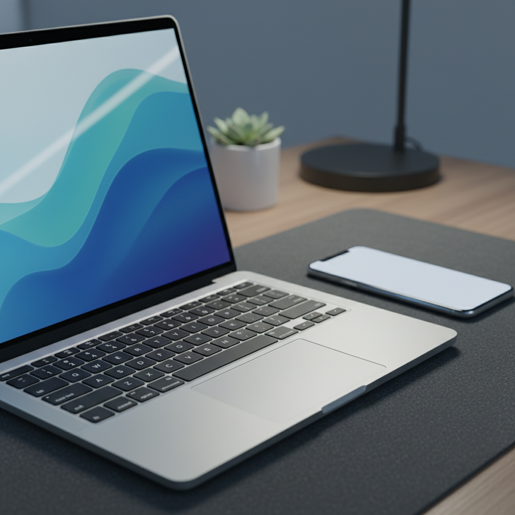 A close-up, three-quarter view of a gently used smartphone and laptop set, positioned on a tidy desk to represent high-quality secondhand electronics. The laptop, in brushed aluminum with only the slightest sign of use near the trackpad, sits open and powered on, displaying a clean, abstract wallpaper. Beside it, a modern smartphone with a flawless screen rests on a dark felt desk mat. The environment features a minimalist workspace with a slim desk lamp and a small plant blurred in the background. Soft, cool-toned studio lighting from the upper left creates crisp reflections on the metal surfaces and subtle gradients on the screens. The mood is professional, reliable, and forward-thinking, showcasing how secondhand tech can feel as premium as new.