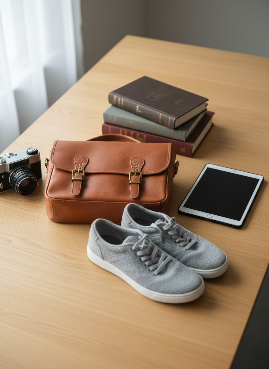A carefully arranged flat lay of multi-category secondhand goods displayed on a smooth light-wood tabletop, captured in photographic realism. In the center, a gently worn leather satchel with rich caramel patina, faint creases, and polished brass buckles. Around it, a neatly stacked trio of hardcover books, a mint-condition tablet in a slim case, a vintage camera with brushed metal accents, and a pair of near-new sneakers with spotless white soles. Soft, diffused daylight from an unseen window to the left creates clean, professional highlights and minimal shadows. The background is uncluttered, with a shallow depth of field subtly blurring the tabletop edges. The mood is professional yet warm, suggesting curated quality and smart savings, ideal for a modern secondhand marketplace homepage hero image.