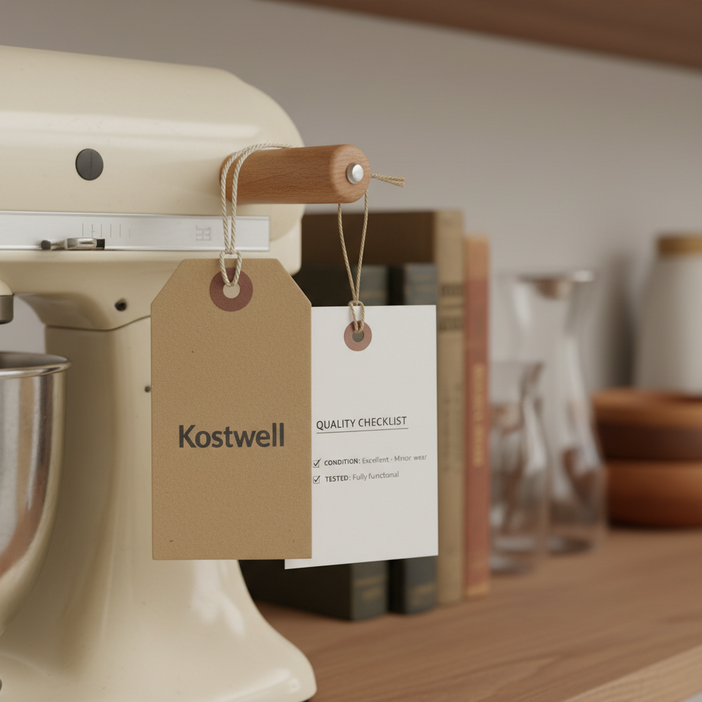 A detailed close-up of product tags and a small quality checklist card attached to a secondhand item, illustrating professional inspection and customer support. A smooth, slightly textured kraft paper tag with the Kostwell logo printed in understated dark ink hangs from a braided cotton string tied to the handle of a gently used ceramic kitchen appliance. Beside it, a small, clean white card lists condition notes and testing status in neat typography. The background shows a blurred row of other curated items on a shelf. Soft, neutral studio lighting from the side creates gentle shadows and highlights the paper fibers and ceramic glaze. The mood is trustworthy and transparent, emphasizing that each secondhand product is carefully evaluated and clearly described for buyers.