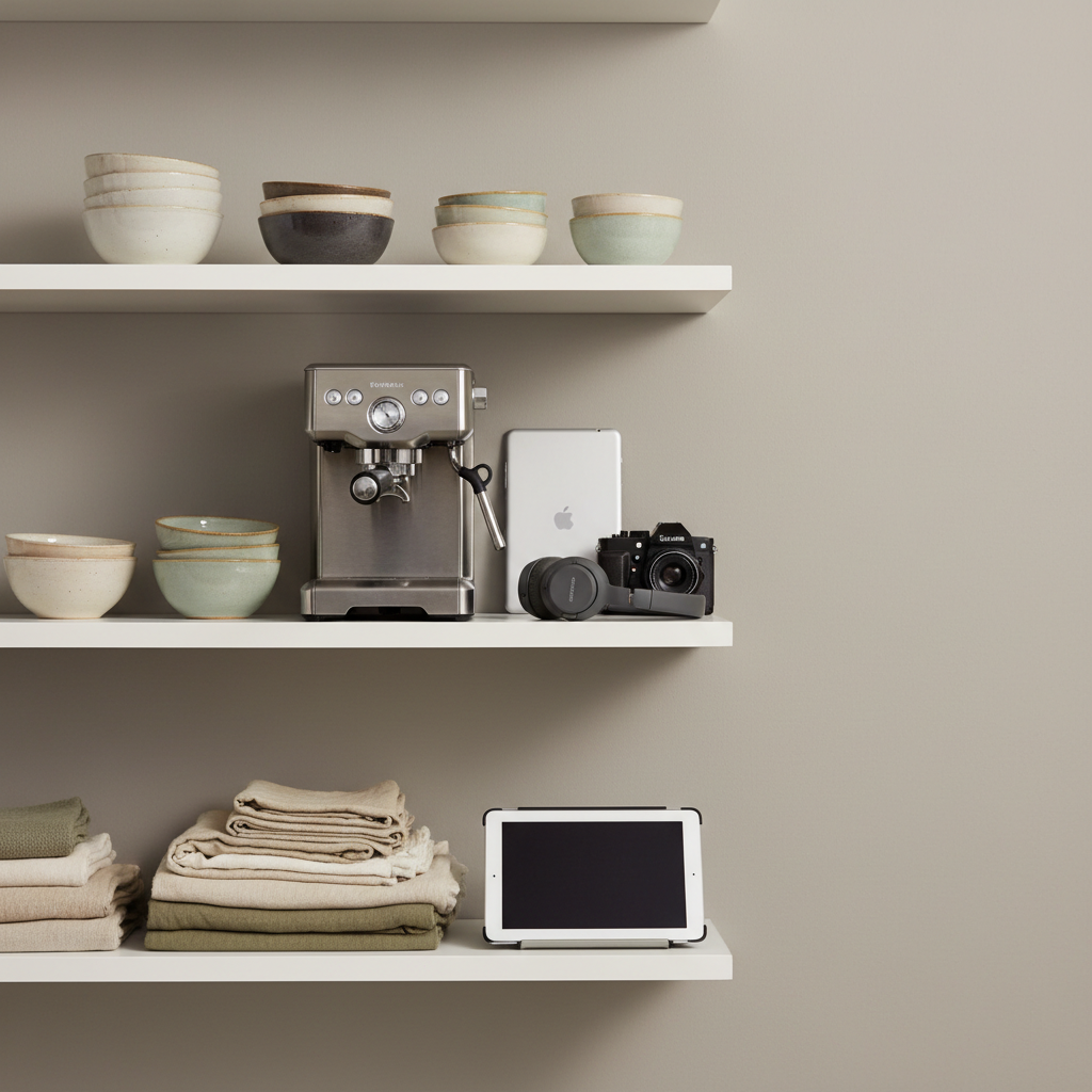 A bright, organized shelving unit filled with curated secondhand home and lifestyle items, photographed at eye level in a clean, modern style. Matte white shelves hold neatly arranged ceramic bowls, a gently used espresso machine with a brushed steel finish, folded neutral-toned textiles, and a small selection of tech gadgets in pristine condition. The setting is a minimalist studio backdrop in soft warm gray, with soft-box studio lighting creating even illumination and subtle, controlled shadows. The mood is professional, trustworthy, and orderly, emphasizing quality and care in selection. The composition follows the rule of thirds, with negative space to the right for potential text overlay. The overall atmosphere conveys that these pre-owned items are thoughtfully chosen and ready for a new home.