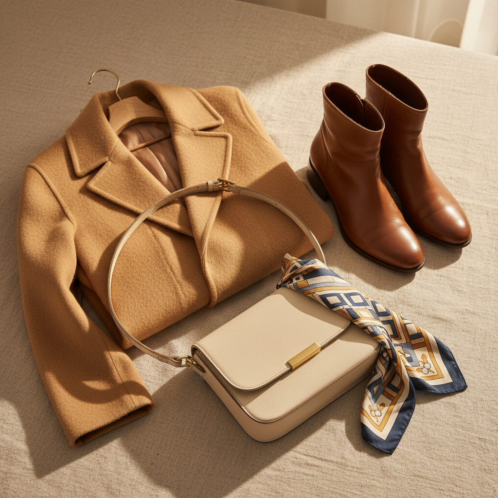 A carefully styled scene of secondhand fashion items arranged on a neutral fabric surface, captured with photographic realism. Centered is a neatly folded, high-quality wool coat in a warm camel tone, its texture clearly visible, with a simple metal hanger resting nearby. Around it lie a pair of polished leather boots with light creasing at the ankles, a structured crossbody bag with subtle hardware, and a silk scarf with understated geometric patterns. The setting is a softly lit studio with diffused golden-hour style lighting from the right, casting gentle, flattering shadows that emphasize fabric and leather textures. Shot from a slightly elevated angle with a shallow depth of field, the background fades into a creamy blur. The mood is calm, curated, and aspirational, conveying that secondhand clothing can be sophisticated and cost-smart.